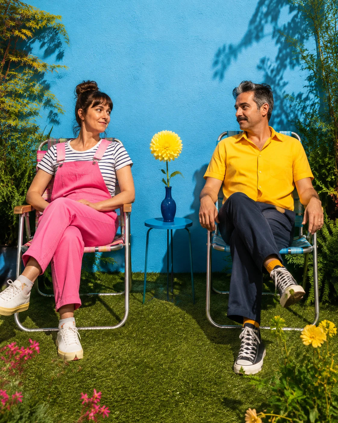 Two friends on lawn chairs with a very large flower on a very small table.