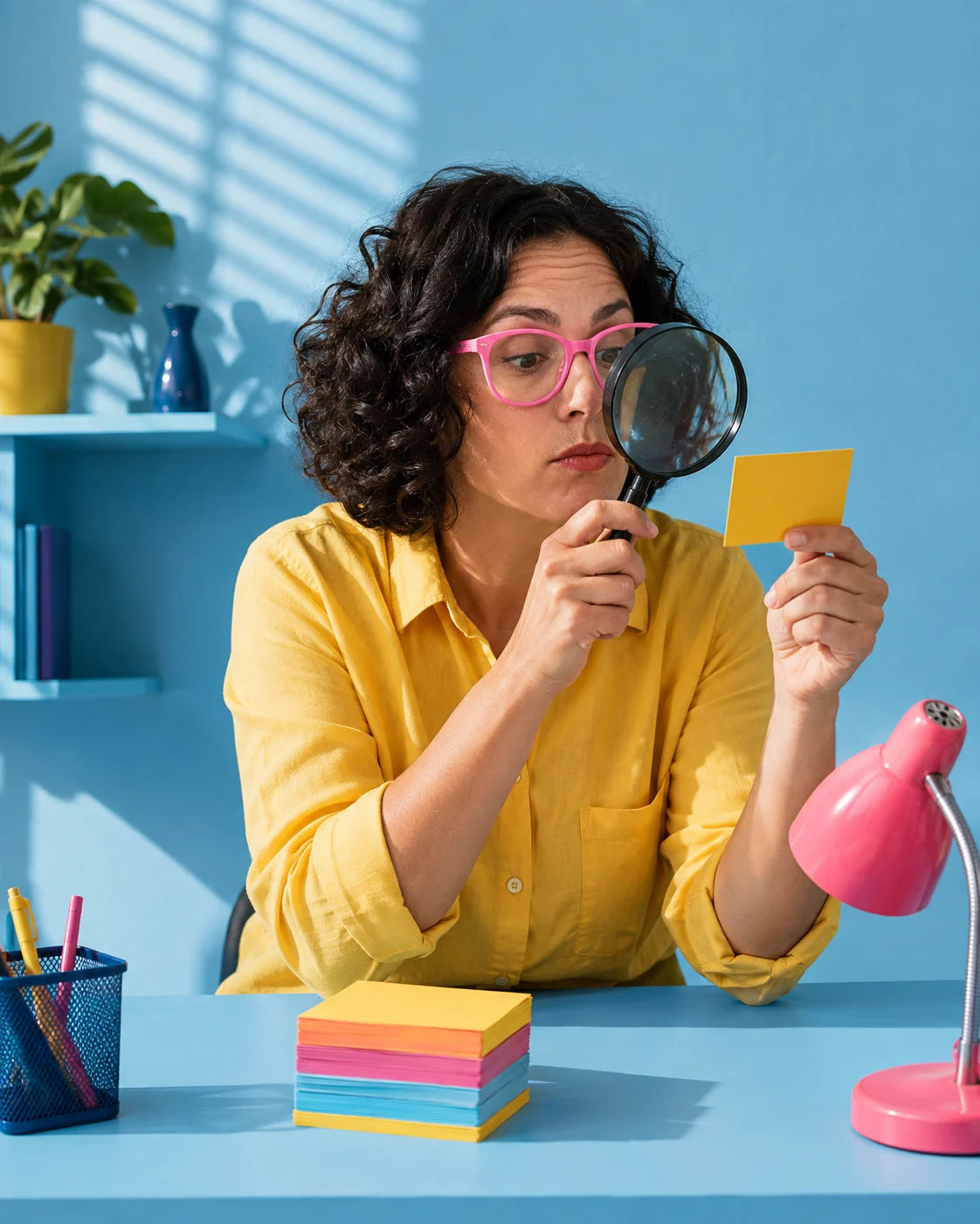A woman investigates a tiny yellow note with an oversized magnifying glass.