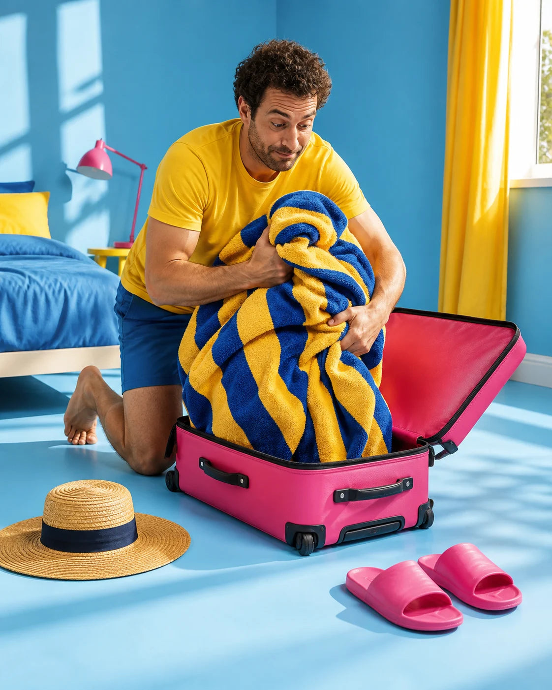 An optimistic packer tries to fit an enormous towel into a small pink suitcase.