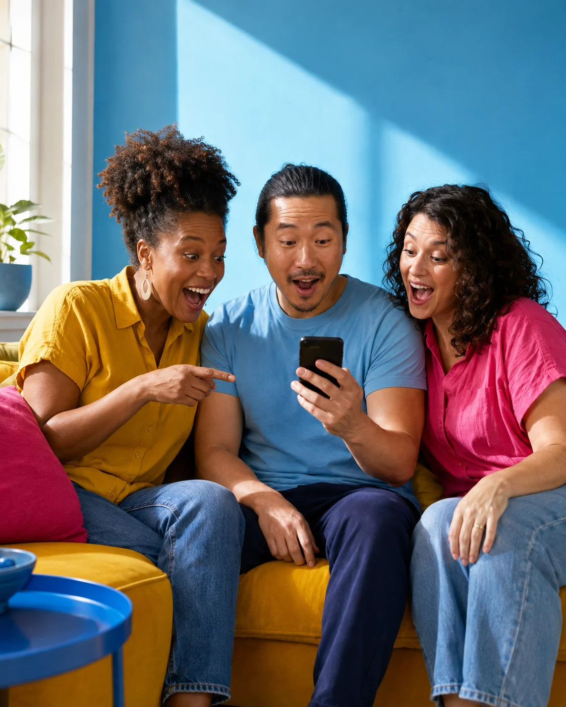 Three friends sharing an amused moment over a phone on a yellow sofa.
