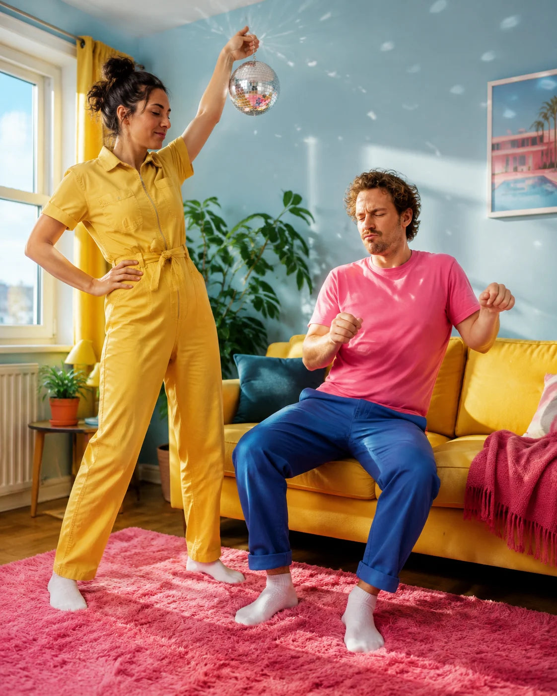 Two friends turn a sunny living room into a tiny disco, mirror ball and all.